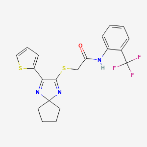 molecular formula C20H18F3N3OS2 B2607101 2-((3-(thiophen-2-yl)-1,4-diazaspiro[4.4]nona-1,3-dien-2-yl)thio)-N-(2-(trifluoromethyl)phenyl)acetamide CAS No. 1223841-80-2