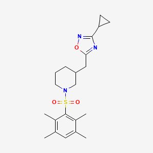 molecular formula C21H29N3O3S B2607143 3-Cyclopropyl-5-((1-((2,3,5,6-tetramethylphenyl)sulfonyl)piperidin-3-yl)methyl)-1,2,4-oxadiazole CAS No. 1705128-96-6