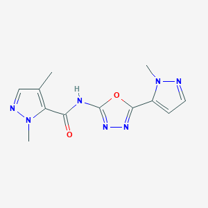 molecular formula C12H13N7O2 B2607168 1,4-dimethyl-N-(5-(1-methyl-1H-pyrazol-5-yl)-1,3,4-oxadiazol-2-yl)-1H-pyrazole-5-carboxamide CAS No. 1172573-89-5