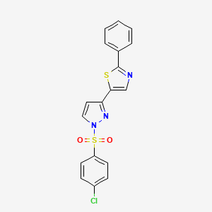 molecular formula C18H12ClN3O2S2 B2607203 5-(1-((4-Chlorophenyl)sulfonyl)-1H-pyrazol-3-yl)-2-phenyl-1,3-thiazole CAS No. 318255-91-3