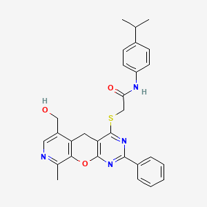 molecular formula C29H28N4O3S B2607258 2-((6-(羟甲基)-9-甲基-2-苯基-5H-吡啶并[4',3':5,6]吡喃并[2,3-d]嘧啶-4-基)硫代)-N-(4-异丙苯基)乙酰胺 CAS No. 892386-52-6