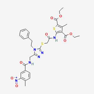 molecular formula C32H34N6O8S2 B2607284 diethyl 3-methyl-5-(2-((5-((4-methyl-3-nitrobenzamido)methyl)-4-phenethyl-4H-1,2,4-triazol-3-yl)thio)acetamido)thiophene-2,4-dicarboxylate CAS No. 393814-04-5
