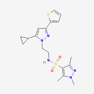 molecular formula C18H23N5O2S2 B2607324 N-(2-(5-环丙基-3-(噻吩-2-基)-1H-吡唑-1-基)乙基)-1,3,5-三甲基-1H-吡唑-4-磺酰胺 CAS No. 1797259-63-2