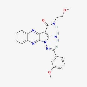 molecular formula C22H22N6O3 B2607343 (E)-2-amino-1-((3-methoxybenzylidene)amino)-N-(2-methoxyethyl)-1H-pyrrolo[2,3-b]quinoxaline-3-carboxamide CAS No. 836630-16-1