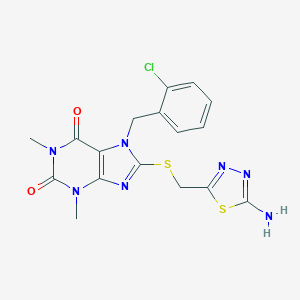 molecular formula C17H16ClN7O2S2 B260736 8-{[(5-AMINO-1,3,4-THIADIAZOL-2-YL)METHYL]SULFANYL}-7-[(2-CHLOROPHENYL)METHYL]-1,3-DIMETHYL-2,3,6,7-TETRAHYDRO-1H-PURINE-2,6-DIONE 