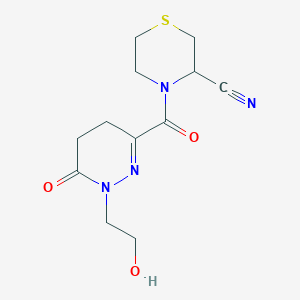 molecular formula C12H16N4O3S B2607369 4-[1-(2-Hydroxyethyl)-6-oxo-4,5-dihydropyridazine-3-carbonyl]thiomorpholine-3-carbonitrile CAS No. 2223828-46-2