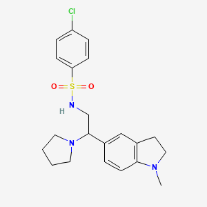 molecular formula C21H26ClN3O2S B2607386 4-chloro-N-(2-(1-methylindolin-5-yl)-2-(pyrrolidin-1-yl)ethyl)benzenesulfonamide CAS No. 946266-38-2