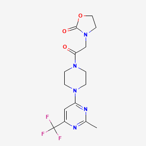 molecular formula C15H18F3N5O3 B2607405 3-(2-(4-(2-Methyl-6-(trifluoromethyl)pyrimidin-4-yl)piperazin-1-yl)-2-oxoethyl)oxazolidin-2-one CAS No. 2034264-57-6