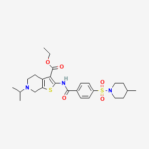 molecular formula C26H35N3O5S2 B2607584 Ethyl 6-isopropyl-2-(4-((4-methylpiperidin-1-yl)sulfonyl)benzamido)-4,5,6,7-tetrahydrothieno[2,3-c]pyridine-3-carboxylate CAS No. 449768-29-0