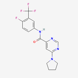 molecular formula C16H14F4N4O B2607599 N-(4-fluoro-3-(trifluoromethyl)phenyl)-6-(pyrrolidin-1-yl)pyrimidine-4-carboxamide CAS No. 2034618-54-5