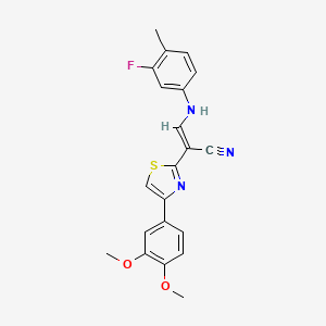 molecular formula C21H18FN3O2S B2607619 (E)-2-(4-(3,4-dimethoxyphenyl)thiazol-2-yl)-3-((3-fluoro-4-methylphenyl)amino)acrylonitrile CAS No. 333414-69-0