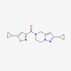 molecular formula C16H18N4O2 B2607632 (2-cyclopropyl-6,7-dihydropyrazolo[1,5-a]pyrazin-5(4H)-yl)(5-cyclopropylisoxazol-3-yl)methanone CAS No. 2034555-94-5