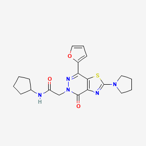 molecular formula C20H23N5O3S B2607688 N-cyclopentyl-2-(7-(furan-2-yl)-4-oxo-2-(pyrrolidin-1-yl)thiazolo[4,5-d]pyridazin-5(4H)-yl)acetamide CAS No. 1105240-27-4