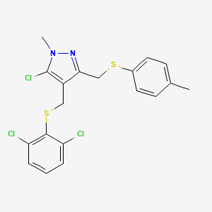 molecular formula C19H17Cl3N2S2 B2607750 5-chloro-4-{[(2,6-dichlorophenyl)sulfanyl]methyl}-1-methyl-3-{[(4-methylphenyl)sulfanyl]methyl}-1H-pyrazole CAS No. 318248-67-8