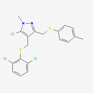 molecular formula C19H17Cl3N2S2 B2607750 5-氯-4-{[(2,6-二氯苯基)硫代]甲基}-1-甲基-3-{[(4-甲基苯基)硫代]甲基}-1H-吡唑 CAS No. 318248-67-8