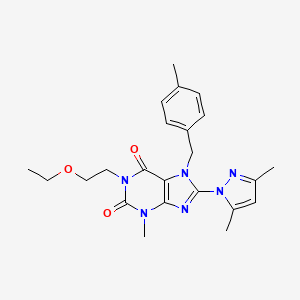 molecular formula C23H28N6O3 B2607774 8-(3,5-Dimethylpyrazolyl)-1-(2-ethoxyethyl)-3-methyl-7-[(4-methylphenyl)methyl]-1,3,7-trihydropurine-2,6-dione CAS No. 1013989-46-2
