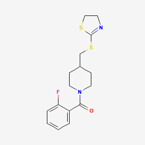 molecular formula C16H19FN2OS2 B2607801 (4-(((4,5-Dihydrothiazol-2-yl)thio)methyl)piperidin-1-yl)(2-fluorophenyl)methanone CAS No. 1421531-56-7