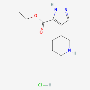 molecular formula C11H18ClN3O2 B2607982 Ethyl 4-piperidin-3-yl-1H-pyrazole-5-carboxylate;hydrochloride CAS No. 2377031-12-2