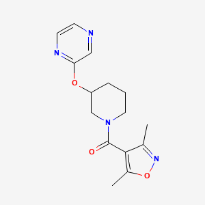 molecular formula C15H18N4O3 B2607992 (3,5-二甲基异恶唑-4-基)(3-(吡嗪-2-氧基)哌啶-1-基)甲酮 CAS No. 2034433-44-6