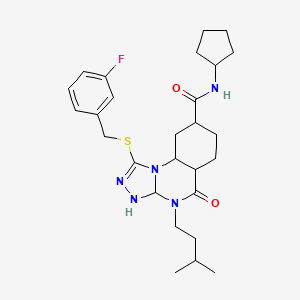 molecular formula C27H30FN5O2S B2607996 N-cyclopentyl-1-{[(3-fluorophenyl)methyl]sulfanyl}-4-(3-methylbutyl)-5-oxo-4H,5H-[1,2,4]triazolo[4,3-a]quinazoline-8-carboxamide CAS No. 2034302-40-2