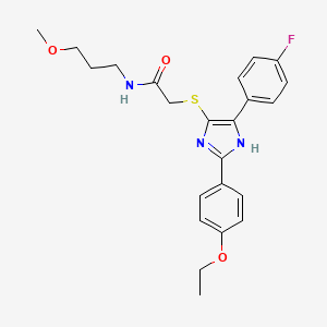 molecular formula C23H26FN3O3S B2608022 2-((2-(4-ethoxyphenyl)-5-(4-fluorophenyl)-1H-imidazol-4-yl)thio)-N-(3-methoxypropyl)acetamide CAS No. 901241-52-9