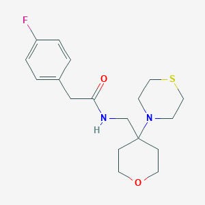 molecular formula C18H25FN2O2S B2608098 2-(4-Fluorophenyl)-N-[(4-thiomorpholin-4-yloxan-4-yl)methyl]acetamide CAS No. 2415520-34-0