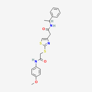 molecular formula C22H23N3O3S2 B2608218 N-(4-甲氧基苯基)-2-((4-(2-氧代-2-((1-苯乙基)氨基)乙基)噻唑-2-基)硫代)乙酰胺 CAS No. 941961-96-2