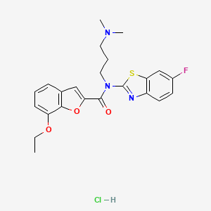 molecular formula C23H25ClFN3O3S B2608245 N-(3-(dimethylamino)propyl)-7-ethoxy-N-(6-fluorobenzo[d]thiazol-2-yl)benzofuran-2-carboxamide hydrochloride CAS No. 1329884-28-7
