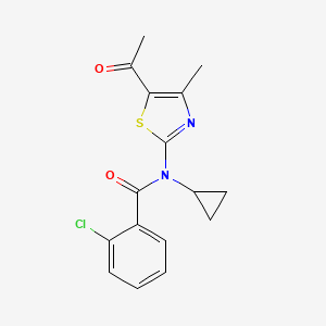 molecular formula C16H15ClN2O2S B2608258 N-(5-acetyl-4-methyl-1,3-thiazol-2-yl)-2-chloro-N-cyclopropylbenzamide CAS No. 881474-28-8