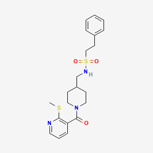 molecular formula C21H27N3O3S2 B2608270 N-((1-(2-(methylthio)nicotinoyl)piperidin-4-yl)methyl)-2-phenylethanesulfonamide CAS No. 1235314-94-9