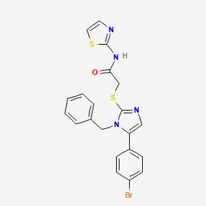 molecular formula C21H17BrN4OS2 B2608291 2-((1-benzyl-5-(4-bromophenyl)-1H-imidazol-2-yl)thio)-N-(thiazol-2-yl)acetamide CAS No. 1207023-09-3