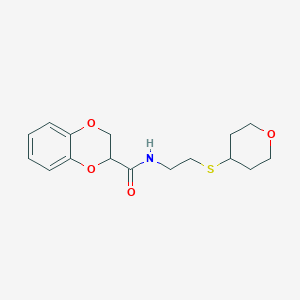 molecular formula C16H21NO4S B2608375 N-(2-((tetrahydro-2H-pyran-4-yl)thio)ethyl)-2,3-dihydrobenzo[b][1,4]dioxine-2-carboxamide CAS No. 1903213-76-2