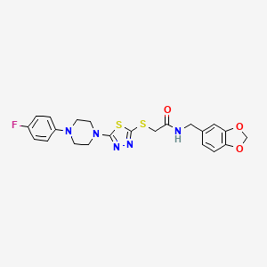 molecular formula C22H22FN5O3S2 B2608424 N-(苯并[d][1,3]二氧杂环-5-基甲基)-2-((5-(4-(4-氟苯基)哌嗪-1-基)-1,3,4-噻二唑-2-基)硫代)乙酰胺 CAS No. 1105252-06-9