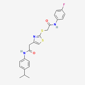 molecular formula C22H22FN3O2S2 B2608637 N-(4-氟苯基)-2-((4-(2-((4-异丙苯基)氨基)-2-氧代乙基)噻唑-2-基)硫代)乙酰胺 CAS No. 941980-67-2