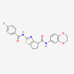 molecular formula C22H18FN3O4S B2608761 N-(2,3-dihydrobenzo[b][1,4]dioxin-6-yl)-2-(4-fluorobenzamido)-5,6-dihydro-4H-cyclopenta[d]thiazole-4-carboxamide CAS No. 941880-08-6