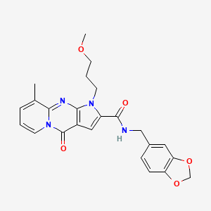 molecular formula C24H24N4O5 B2608767 N-(1,3-苯并二氧杂环-5-基甲基)-6-(3-甲氧基丙基)-10-甲基-2-氧代-1,6,8-三氮杂三环[7.4.0.03,7]十三-3(7),4,8,10,12-五烯-5-甲酰胺 CAS No. 900895-04-7