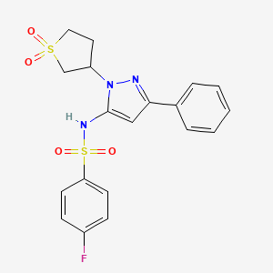 molecular formula C19H18FN3O4S2 B2608810 N-(1-(1,1-二氧化四氢噻吩-3-基)-3-苯基-1H-吡唑-5-基)-4-氟苯磺酰胺 CAS No. 1171564-19-4