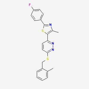 molecular formula C22H18FN3S2 B2608829 2-(4-氟苯基)-4-甲基-5-(6-((2-甲基苄基)硫代)吡哒嗪-3-基)噻唑 CAS No. 923244-91-1