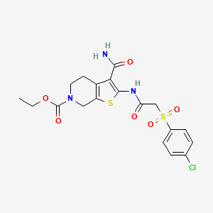 molecular formula C19H20ClN3O6S2 B2608972 ethyl 3-carbamoyl-2-(2-((4-chlorophenyl)sulfonyl)acetamido)-4,5-dihydrothieno[2,3-c]pyridine-6(7H)-carboxylate CAS No. 895466-48-5