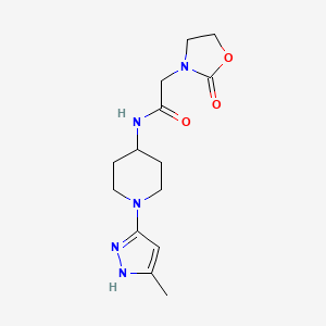 molecular formula C14H21N5O3 B2609122 N-(1-(5-甲基-1H-吡唑-3-基)哌啶-4-基)-2-(2-氧代噁唑烷-3-基)乙酰胺 CAS No. 2034201-44-8