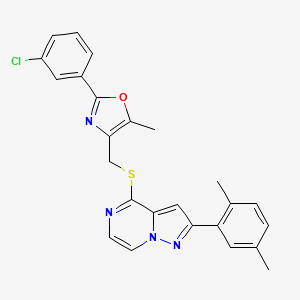 molecular formula C25H21ClN4OS B2609246 4-({[2-(3-Chlorophenyl)-5-methyl-1,3-oxazol-4-yl]methyl}thio)-2-(2,5-dimethylphenyl)pyrazolo[1,5-a]pyrazine CAS No. 1207043-16-0