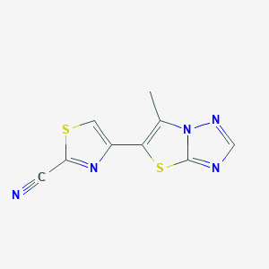 molecular formula C9H5N5S2 B2609258 4-(6-Methyl[1,3]thiazolo[3,2-b][1,2,4]triazol-5-yl)-1,3-thiazole-2-carbonitrile CAS No. 478067-26-4