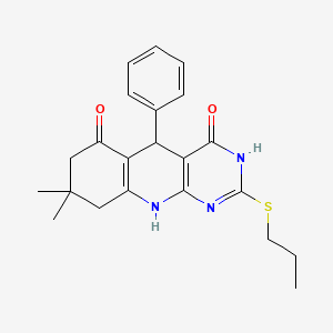 molecular formula C22H25N3O2S B2609267 8,8-dimethyl-5-phenyl-2-(propylsulfanyl)-5,8,9,10-tetrahydropyrimido[4,5-b]quinoline-4,6(3H,7H)-dione CAS No. 627048-93-5