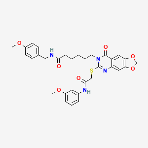 molecular formula C32H34N4O7S B2609270 N-(4-methoxybenzyl)-6-(6-((2-((3-methoxyphenyl)amino)-2-oxoethyl)thio)-8-oxo-[1,3]dioxolo[4,5-g]quinazolin-7(8H)-yl)hexanamide CAS No. 688061-14-5