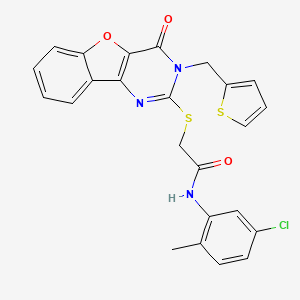 molecular formula C24H18ClN3O3S2 B2609292 N-(5-chloro-2-methylphenyl)-2-{[4-oxo-3-(thiophen-2-ylmethyl)-3,4-dihydro[1]benzofuro[3,2-d]pyrimidin-2-yl]sulfanyl}acetamide CAS No. 899754-68-8