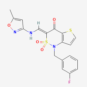 molecular formula C18H14FN3O4S2 B2609445 (3Z)-1-(3-fluorobenzyl)-3-{[(5-methylisoxazol-3-yl)amino]methylene}-1H-thieno[3,2-c][1,2]thiazin-4(3H)-one 2,2-dioxide CAS No. 894687-68-4