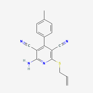 molecular formula C17H14N4S B2609478 2-(烯丙基硫代)-6-氨基-4-(对甲苯基)吡啶-3,5-二腈 CAS No. 476318-80-6