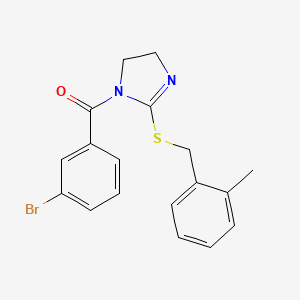 molecular formula C18H17BrN2OS B2609487 (3-bromophenyl)(2-((2-methylbenzyl)thio)-4,5-dihydro-1H-imidazol-1-yl)methanone CAS No. 851801-21-3