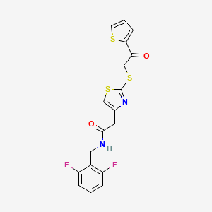 molecular formula C18H14F2N2O2S3 B2609495 N-(2,6-difluorobenzyl)-2-(2-((2-oxo-2-(thiophen-2-yl)ethyl)thio)thiazol-4-yl)acetamide CAS No. 1020979-61-6