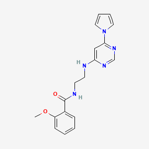 molecular formula C18H19N5O2 B2609505 N-(2-((6-(1H-pyrrol-1-yl)pyrimidin-4-yl)amino)ethyl)-2-methoxybenzamide CAS No. 1421482-86-1